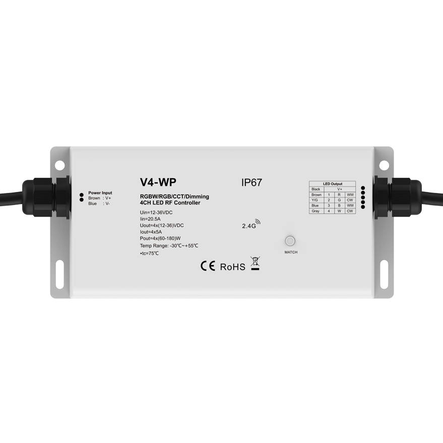 DC 12~36V 4 Channel Constant Voltage IP67 LED Waterproof RF Controller V4-WP DC 12~36V 4 Channel Constant Voltage IP67 LED Waterproof RF Controller V4-WP
